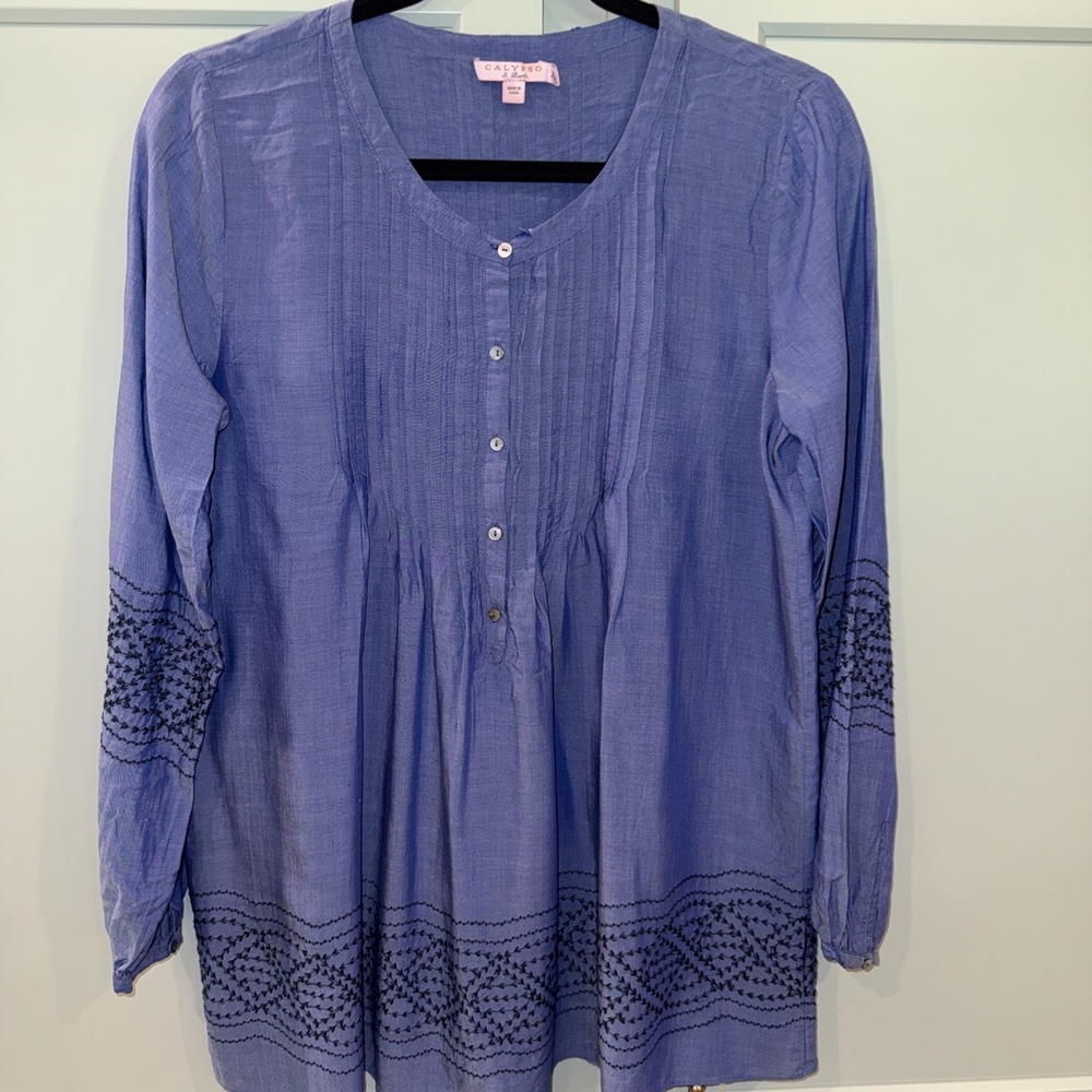 Calypso St. Barth Women's Dusty‎ Blue Pintuck Tunic XS Embroidered Long Sleeve